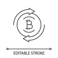 Bitcoin exchange linear icon. Digital currency transaction. Thin line illustration. Circle arrows with bitcoin coin inside. Refund cryptocurrency. Vector isolated outline drawing. Editable stroke