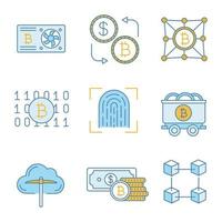 Bitcoin cryptocurrency color icons set. Graphic card, bitcoin exchange, binary code, fingerprint scan, mine cart, cloud mining, money, blockchain, fintech. Isolated vector illustrations