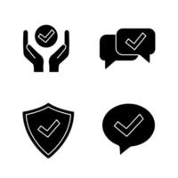 Approve glyph icons set. Verification and validation. Quality service, approved chat, confirmation dialog, shield with check mark. Silhouette symbols. Vector isolated illustration
