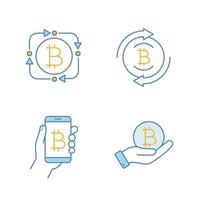 Bitcoin cryptocurrency color icons set. Fintech, bitcoin refund, digital wallet, coin in hand. Isolated vector illustrations