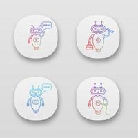 Chatbots app icons set. UI UX user interface. Talkbots. Virtual assistants. Repair, error, USB, typing chat bots. Modern robots. Web or mobile applications. Vector isolated illustrations