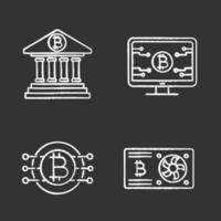 Bitcoin cryptocurrency chalk icons set. Online banking, bitcoin official web page, graphic card, CPU mining. Isolated vector chalkboard illustrations