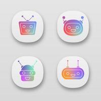 Chatbots app icons set. UI UX user interface. Talkbots. Laughing virtual assistants. Conversational agents. Modern robots. Web or mobile applications. Vector isolated illustrations