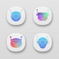 Chatbots app icons set. UI UX user interface. Talkbots. Laughing virtual assistants. Conversational agents. Modern robots. Web or mobile applications. Vector isolated illustrations