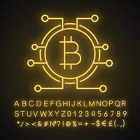 Bitcoin neon light icon. Virtual currency. Online banking. Glowing sign with alphabet, numbers. Bitcoin payment. Contour symbol. Microchip pathways with coin inside. Vector isolated illustration