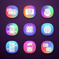 Chatbots app icons set. UI UX user interface. Talkbots. Support service, chat, messenger bots. Modern robots. Digital brain and processor. Web or mobile applications. Vector isolated illustrations