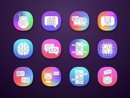 Chatbots app icons set. UI UX user interface. Chat bots. Talkbots. Virtual assistants. Support, chat, code, messenger bots. Online helpers. Web or mobile applications. Vector isolated illustrations