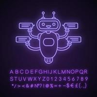 Chatbot with speech bubbles neon light icon. Talkbot chatting to several users. Customer support service. Modern robot. Glowing sign with alphabet, numbers and symbols. Vector isolated illustration