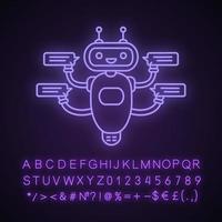 Chatbot with speech bubbles neon light icon. Talkbot chatting to several users. Customer support service. Modern robot. Glowing sign with alphabet, numbers and symbols. Vector isolated illustration