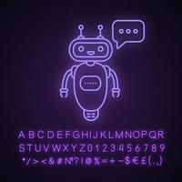 Chatbot typing answer neon light icon. Talkbot with three dots in speech bubble. Processing request virtual assistant. Glowing sign with alphabet, numbers and symbols. Vector isolated illustration