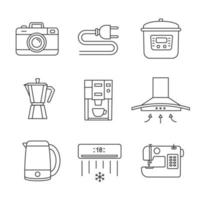Appliance linear icons set. Photo camera, wire plug, multi cooker, coffee maker, range hood, kettle, coffee machine, air conditioner, sewing machine. Isolated vector illustrations. Editable stroke