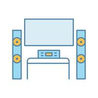 Home theater system with TV color icon. TV set with audio system. Home cinema. Television and loudspeakers. Household appliance. Isolated vector illustration