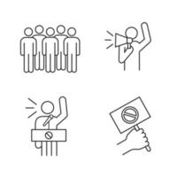 Protest action linear icons set. Meeting, protester, protest banner, speech. Thin line contour symbols. Isolated vector outline illustrations. Editable stroke