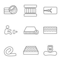 Mattress linear icons set. Coconut fiber, memory foam filler, waterproof, antiallergic, springless, mattresses for newborn, weight limit up to 100 kg. Isolated vector illustrations. Editable stroke