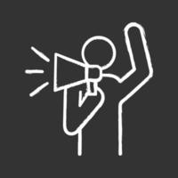 Protester chalk icon. Protest individual action. Breaking news. Protest speech. Man shouting slogans. Person holding megaphone. Isolated vector chalkboard illustration