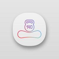 Maximum weight limit up to 140 kg app icon. Mattress weight recommendation per person of hundred and forty kilograms. Mattress and kettlebell. UI UX user interface. Vector isolated illustration