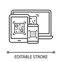 QR codes on different devices linear icon. Matrix barcode generator. 2D codes on laptop, smartphone, tablet pc. Barcode reading, scanning apps. Contour vector isolated outline drawing. Editable stroke