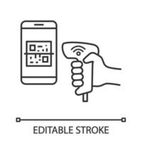 Payment QR with code scanner scanning phone screen linear icon. Wifi 2D barcode reader. Line illustration. Wireless QR code barcode scanning. Handheld barcodes scanner. Vector isolated outline drawing