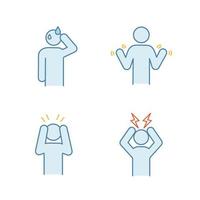 Emotional stress color icons set. Cold sweat, hands tremor, nervous tension, headache. Isolated vector illustrations