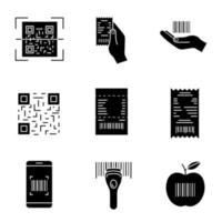 Barcodes glyph icons set. QR and linear codes scanning app, device, cash receipt, barcode in hand, paper check, product bar code. Silhouette symbols. Vector isolated illustration