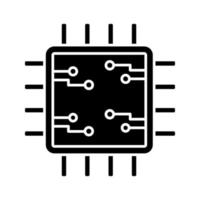 Processor with electronic circuits glyph icon. Microprocessor with microcircuits. Chip, microchip, chipset. CPU. Integrated circuit. Silhouette symbol. Negative space. Vector isolated illustration