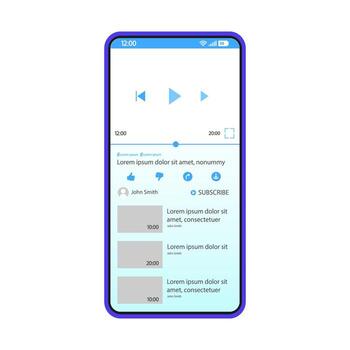 Video sharing app interface vector template. Mobile application page blue design layout. Multimedia plary screen. Flat UI for video content hosting, watching, streaming. Phone display