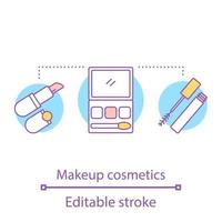 Makeup cosmetics concept icon. Facial care idea thin line illustration. Mascara, lipstick, blusher. Vector isolated outline drawing. Editable stroke