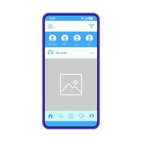 Social media smartphone page vector template. Mobile app interface blue design layout. Photo content screen. Flat UI for messenger application. Phone display with social network post