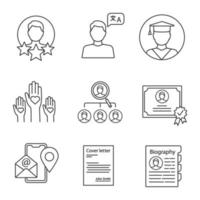 Resume linear icons set. Experience, language skills, education, volunteering, vacancy, certificate, contact information, cover letter, biography. Isolated vector illustrations. Editable stroke
