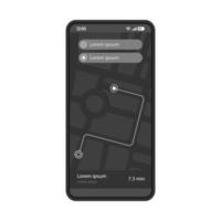 Plantilla de vector de interfaz de aplicación de navegación GPS. diseño de página de aplicaciones móviles. dirección de conducción. pantalla de búsqueda de ruta. ui plana. elegir destino Pantalla del teléfono con mapa digital y puntos