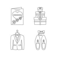 Wedding planning linear icons set. Gifts, men's accessories, wedding invitation, tuxedo. Thin line contour symbols. Isolated vector outline illustrations. Editable stroke