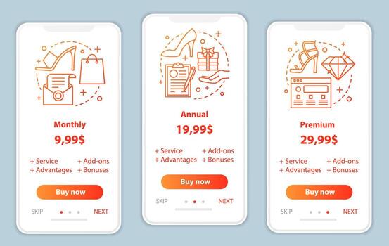 Stylist services prices onboarding mobile app screens template. Walkthrough website pages. Shopping discounts. Tariff plans steps. Smartphone payment web page layout vector