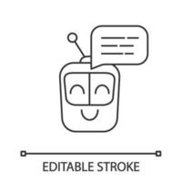 Chatbot message linear icon. Talkbot. Thin line illustration. Modern robot. Square head laughing chat bot. Virtual assistant. Conversational agent. Contour vector isolated drawing. Editable stroke