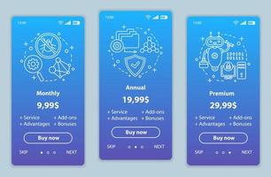 Antivirus subscription onboarding mobile app screens with service prices. Walkthrough website pages templates. Anti virus software tariff plans steps. Smartphone payment web page layout vector