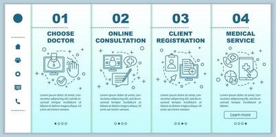 Medical service onboarding mobile web pages template. Private clinic. Doctor appointment. Medicine. Online consultation. Responsive smartphone website interface. Webpage walkthrough step screens vector