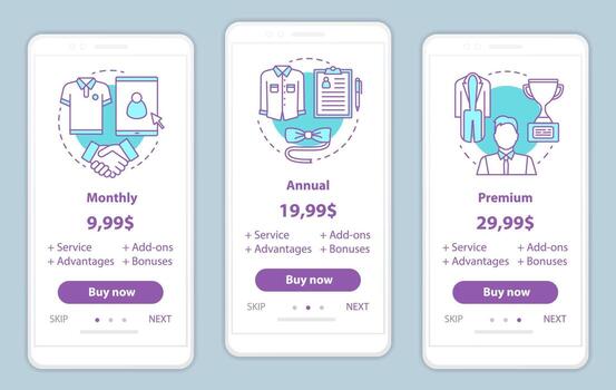 Stylist for men services prices onboarding mobile app screens template. Walkthrough website pages. Shopping discounts. Tariff plans steps. Smartphone payment web page layout vector