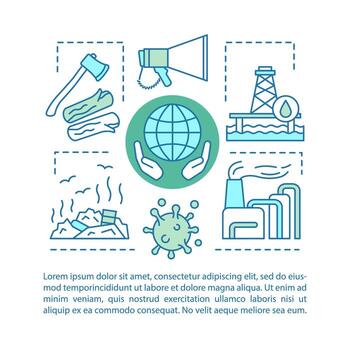 Environmental issues concept linear vector illustration. Climate changing. Deforestation, warming, pollution. Ecological problems. Article, brochure, magazine page layout with text boxes. Print design