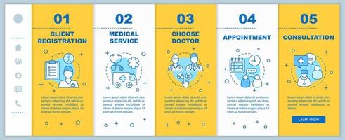 Medical service onboarding mobile web pages vector template. Private clinic. Doctor appointment. Medicine and healthcare. Responsive smartphone website interface. Webpage walkthrough step screens