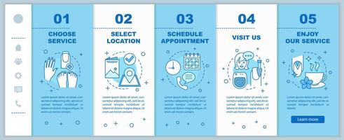 salón de uñas onboarding plantilla de vector de páginas web móviles. cita de manicurista. servicio de manicura, pedicura. interfaz de sitio web inteligente para teléfonos inteligentes. pantallas de pasos del tutorial de la página web