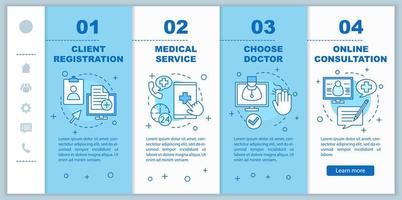 Medical service onboarding mobile web pages template. Private clinic. Doctor appointment. Medicine. Online consultation. Responsive smartphone website interface. Webpage walkthrough step screens vector