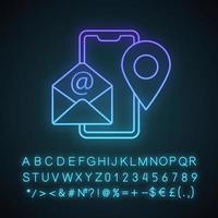 Contact information neon light icon. Phone, email, location. Contact us. Communication. Smartphone, envelope, pinpoint. Glowing alphabet, numbers and symbols. Vector isolated illustration