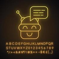 Chatbot message neon light icon. Talkbot. Modern robot. Android laughing chat bot. Virtual assistant. Conversational agent. Glowing sign with alphabet, numbers, symbols. Vector isolated illustration