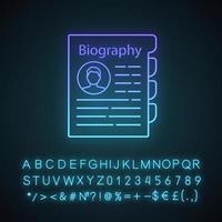 Personnel file neon light icon. Personal data. HR document. Professional bio. Staff member document. Biography. Glowing with alphabet, numbers. Vector isolated illustration