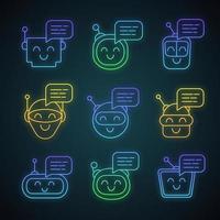 Chatbots messages neon light icons set. Talkbots. Laughing virtual assistants. Conversational agents. Modern robots. Glowing signs. Vector isolated illustrations