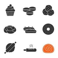 conjunto de iconos de glifo de panadería. magdalena, macarons, chispas de chocolate, pan de hojaldre, eclair, bagel, rodillo, hot dog francés, panecillo suizo. símbolos de silueta. vector ilustración aislada