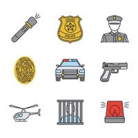 Police color icons set. Flashlight, police badge, policeman, fingerprint, car, gun, helicopter, prisoner, alarm. Isolated vector illustrations