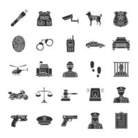 conjunto de iconos de glifo de policía. cumplimiento de la ley. transporte, equipo de protección, arma. símbolos de silueta. vector ilustración aislada