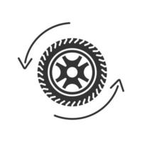 Automobile wheel changing glyph icon. Car rim and tire with circle arrow. Silhouette symbol. Negative space. Vector isolated illustration