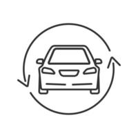 Car with circle arrow linear icon. Complete automobile repair service. Thin line illustration. Used car market. Contour symbol. Vector isolated outline drawing