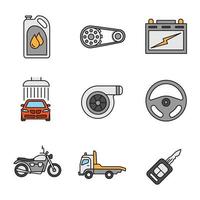 conjunto de iconos de colores de taller automático. aceite de motor, rueda dentada, batería automotriz, lavado de autos, turbocompresor, timón, moto, grúa, llave. ilustraciones vectoriales aisladas vector